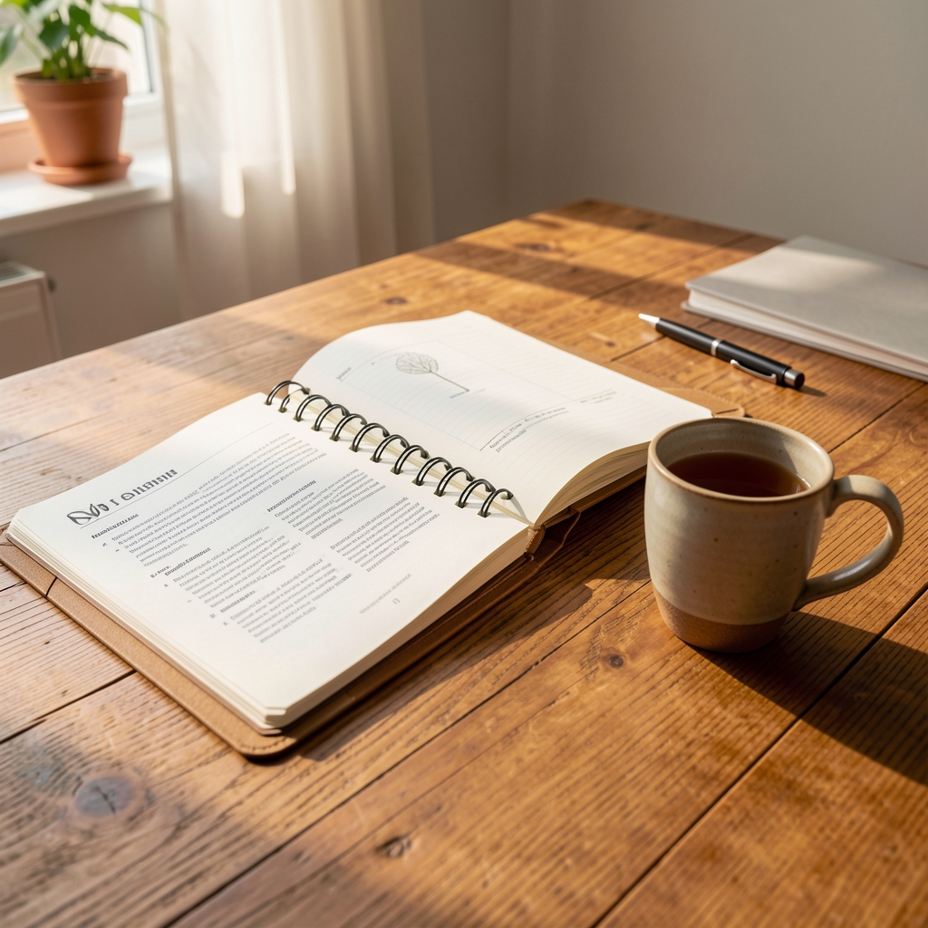Editorial workspace with open notebooks, printed dietary research pages, and a ceramic cup of tea on a warm oak desk bathed in afternoon light